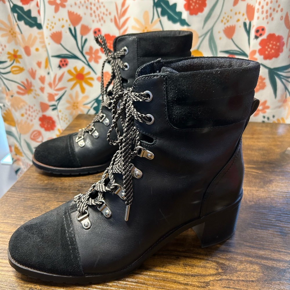 Sam Edelman Manchester Boots Black Wool Details Women’s 9.5 Lace Up Block Heel - Picture 2 of 8